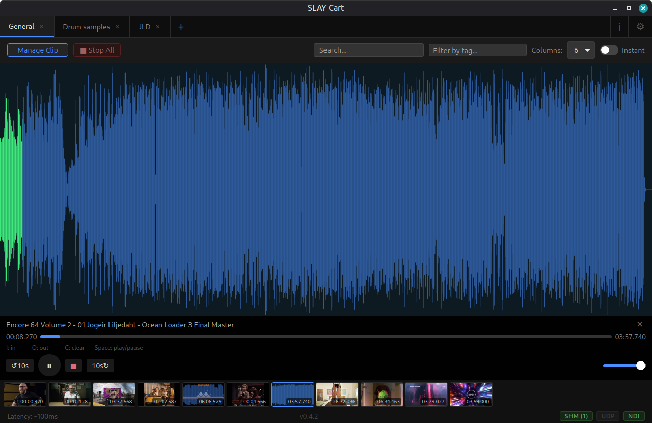 SLAY Cart Manage Clip view for an audio clip showing a full-width waveform with in/out markers.