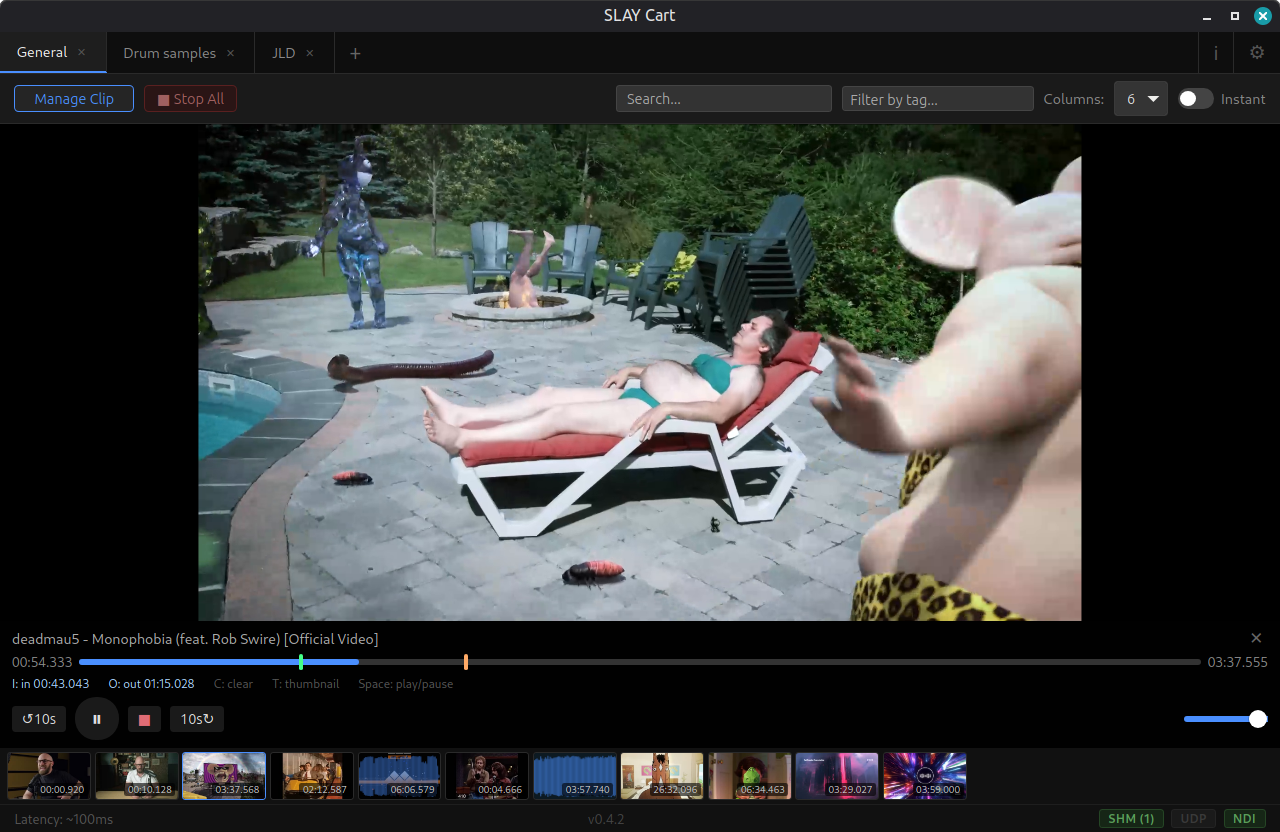 SLAY Cart Manage Clip view previewing a video with a seek bar, in/out markers and transport controls.