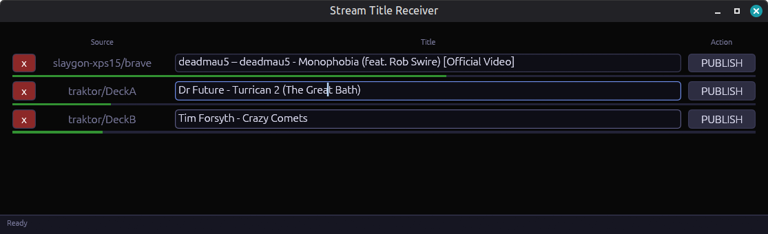 Stream Titler receiver desktop app showing collected now-playing metadata.