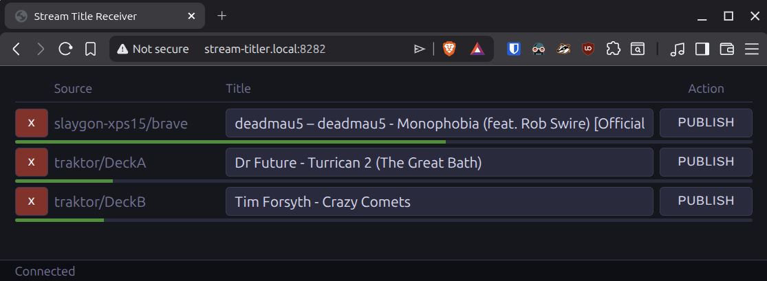 Stream Titler web overlay showing the current now-playing track.